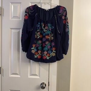 John Mark Navy Top with Colorful Floral Embroidery
